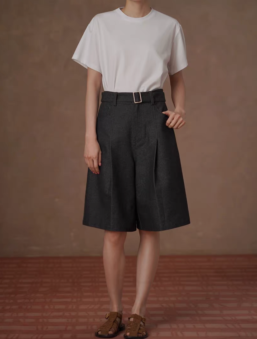 Thumbnail: High waisted belted cotton tencel dark charcoal pleated shorts