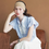 Thumbnail: Embossed flutter sleeves blue cotton drawstring blouse