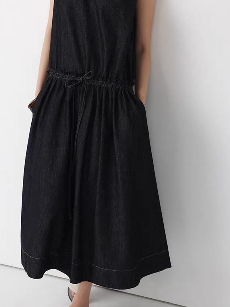 Dark denim V neck ruffles trim waist adjust drawstring sleeveless dress 9