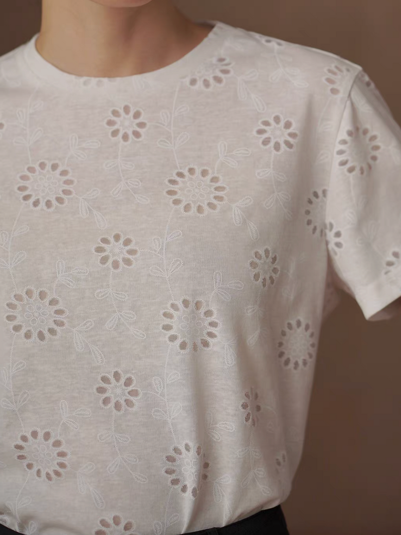 Crewneck crochet floral patterned pure cotton white tee 7