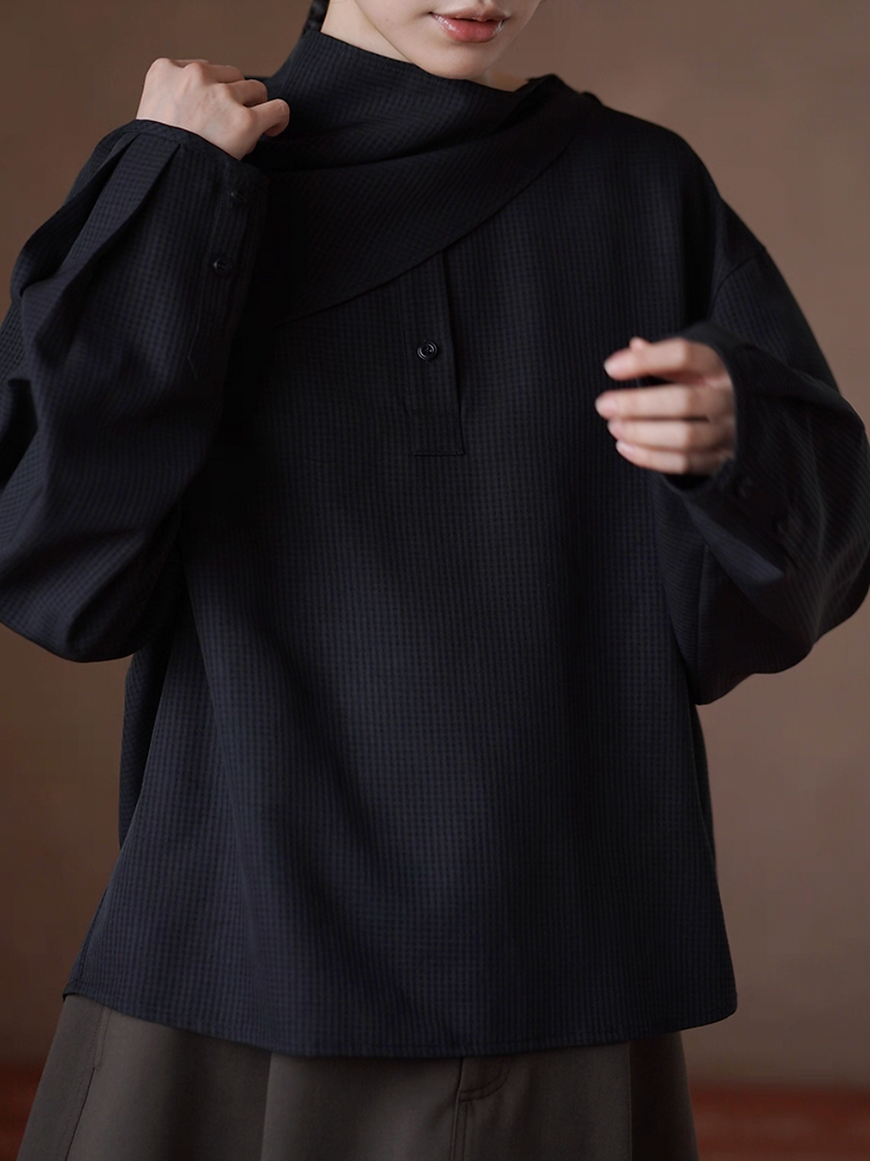 Checker embossed black cotton removable collaratte drape blouse set 3