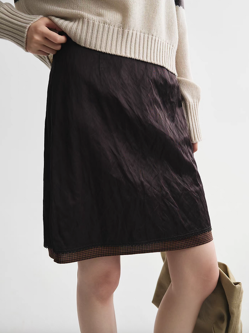 Tencel poly cotton lined layered bordeaux high waisted zipped embossed skirt 1