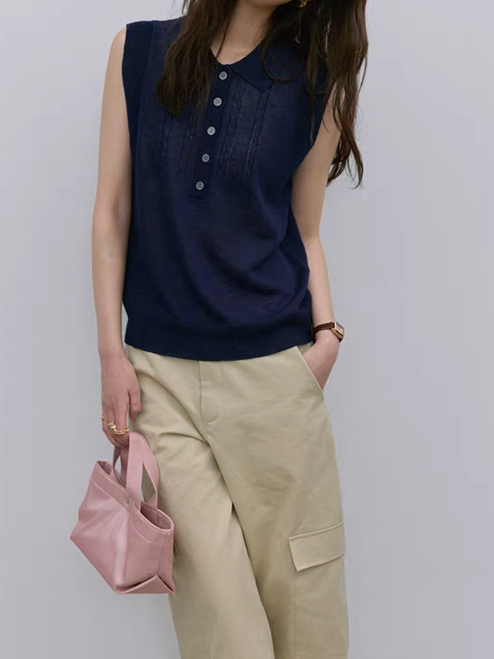 Navy tencel cotton poly knitted polo vest 3