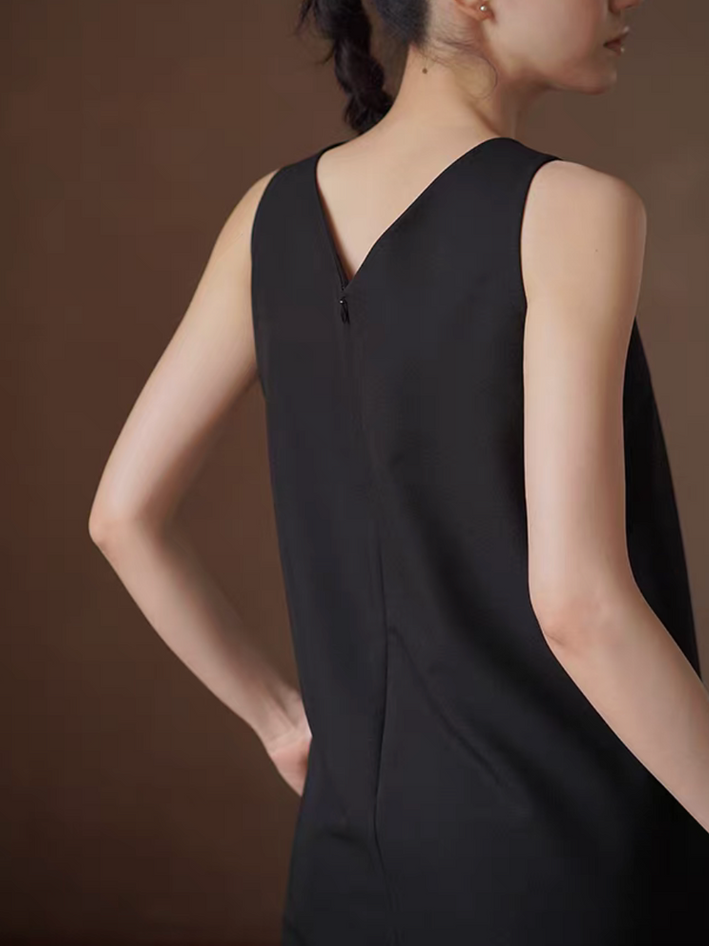 V neck wavy trim black poly rayon A line sleeveless dress 5