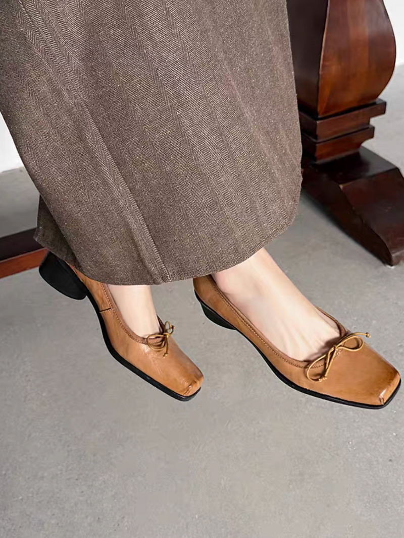 Lambskin brushed off color ribbon round low heels 2