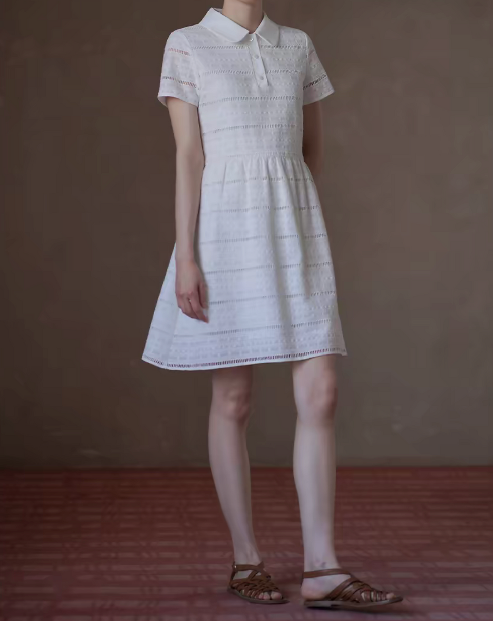 Thumbnail: Ivory embroidered lace crochet cotton  elasticated polo slim cut polo midi dress