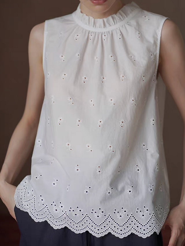 White crochet floral cotton ruffled collar trim vest 3