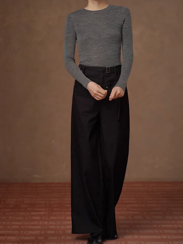 High waisted belted cotton denim straight leg pants 5