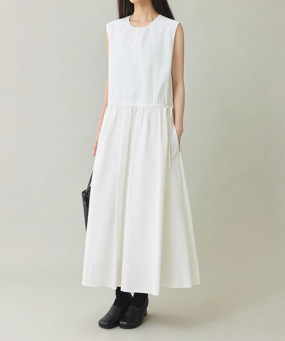 Thumbnail: Ivory cotton waist drawstring side pockets cotton sleeveless dress