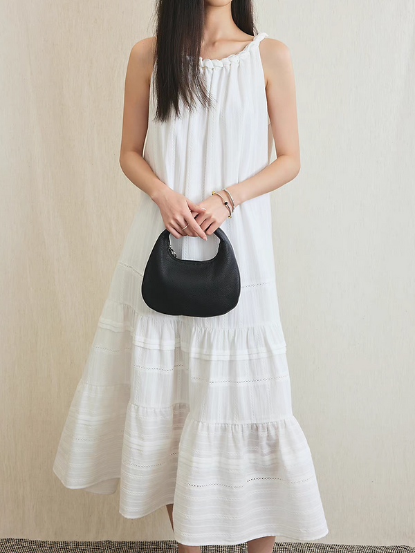 Braided collar sleeveless back knot white cotton maxi halter mermaid dress