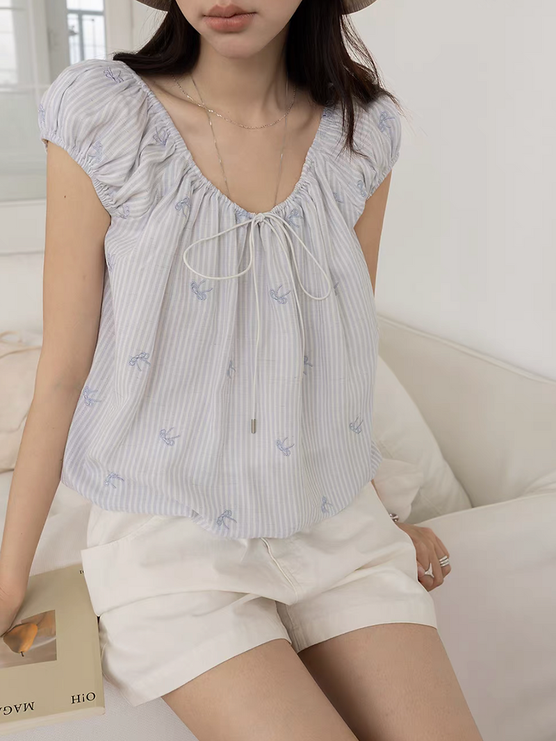 Blue white embroidered ribbons two way drawstring cotton linen blouse 3