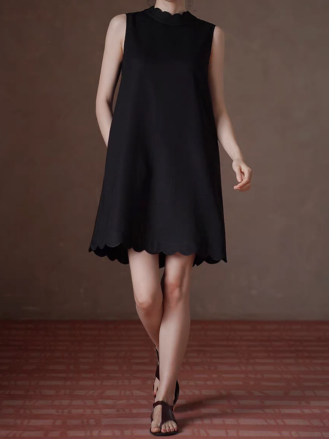 Wavy trim black lyocell linen poly sleeveless little black dress 2