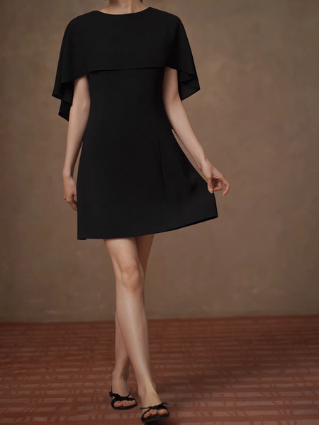 Fluid drape ruffle trim low back shawl connect black poly midi dress
