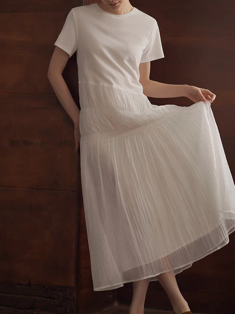 Ivory white poly rayon asymmetric docking organza midi dress 9