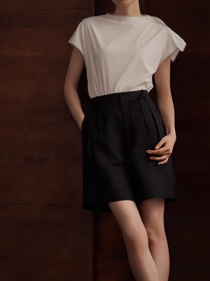 French style drape shoulder laced trim white poly rayon blouse 3