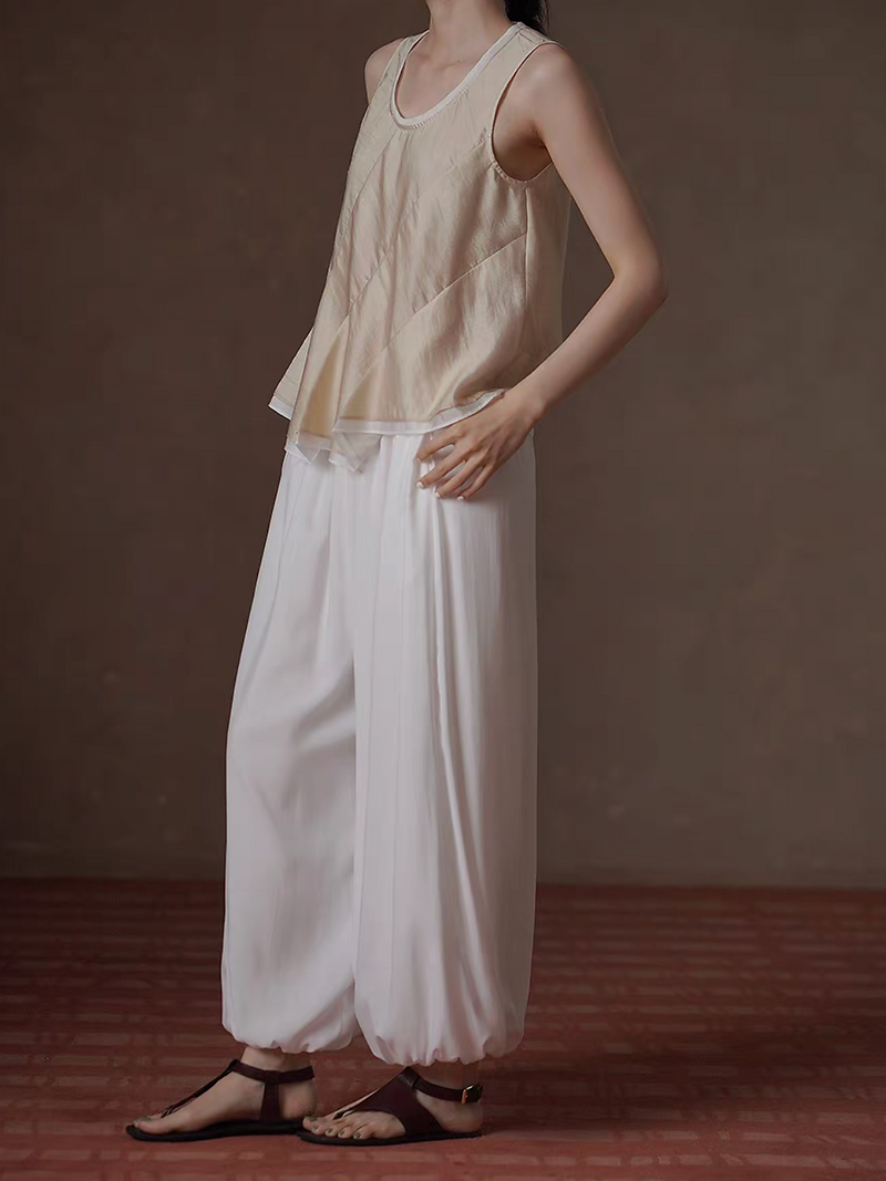 U neck ivory trim bicolor tencel asymmetric champaign pleated vest 8