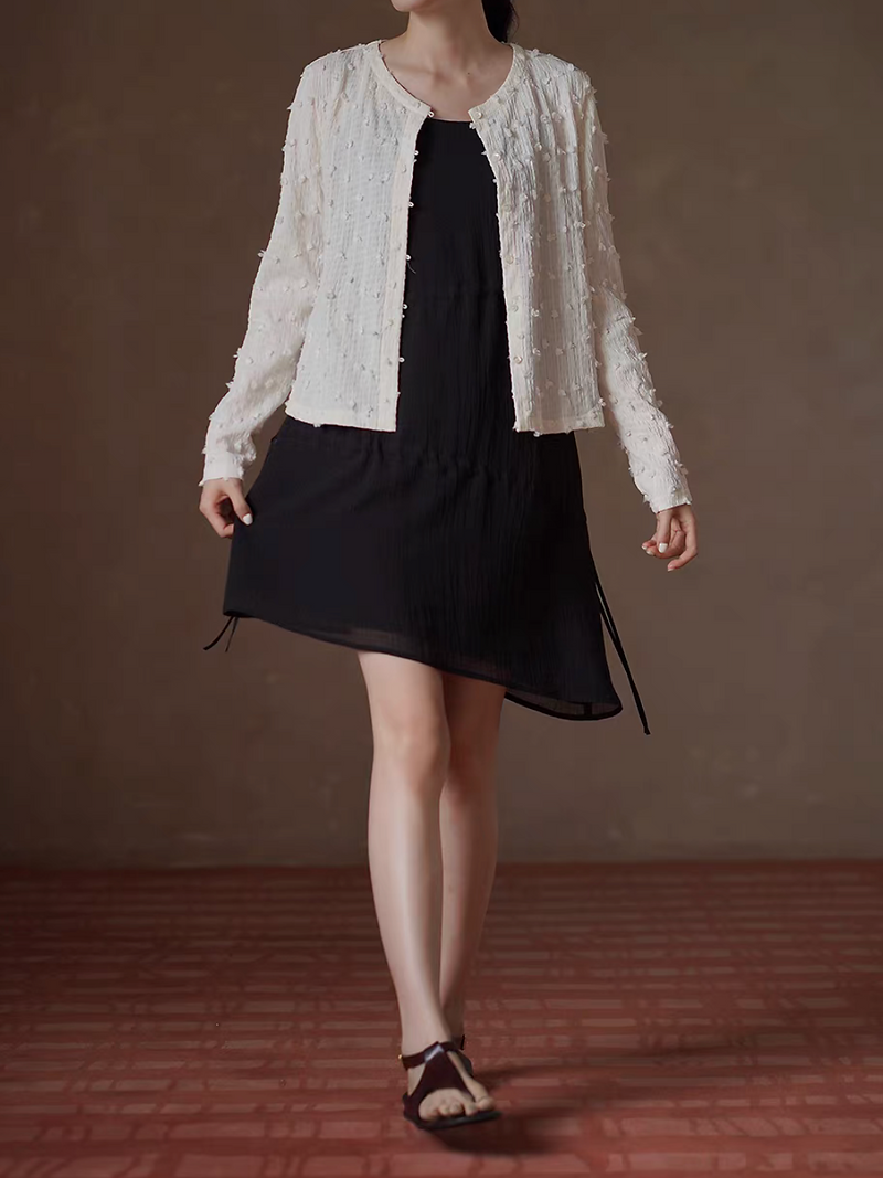 Poly rayon ivory embossed crewneck buttoned cardigan 5