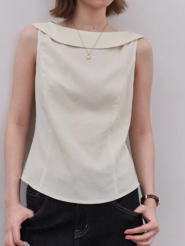 Folded asymmetric collar beige cotton slim cut vest 2
