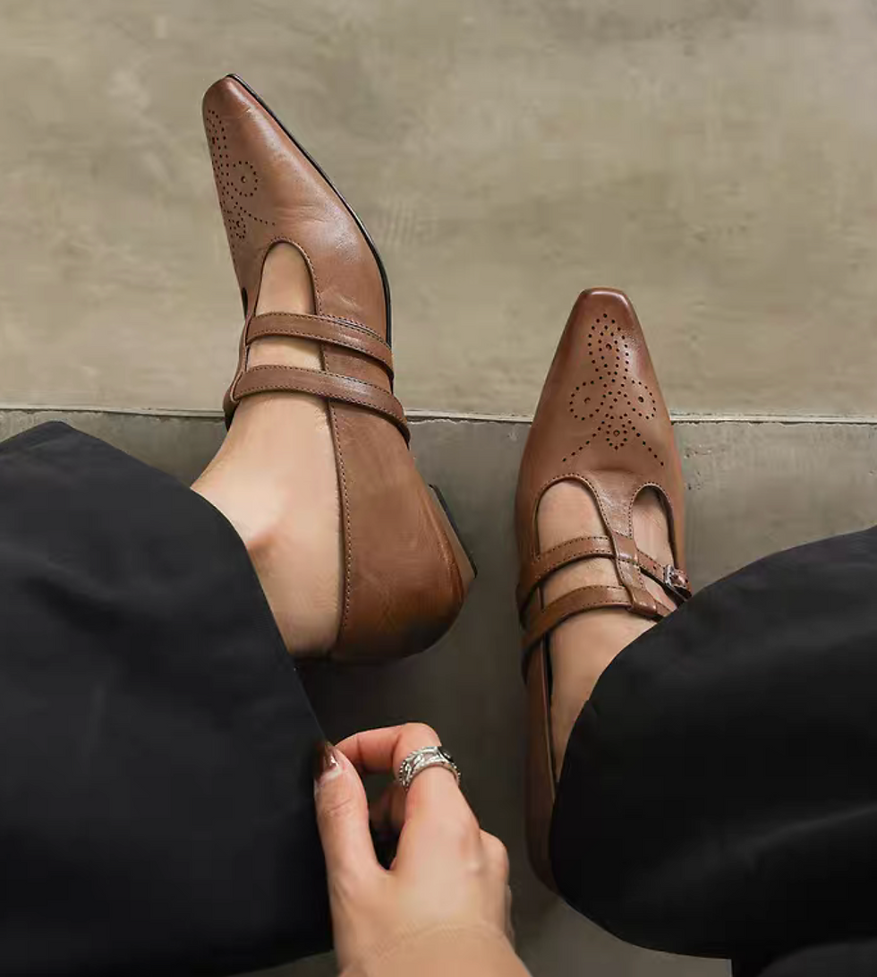 Thumbnail: Brushed off pointy calf leather double adjust straps brogue Mary Janes
