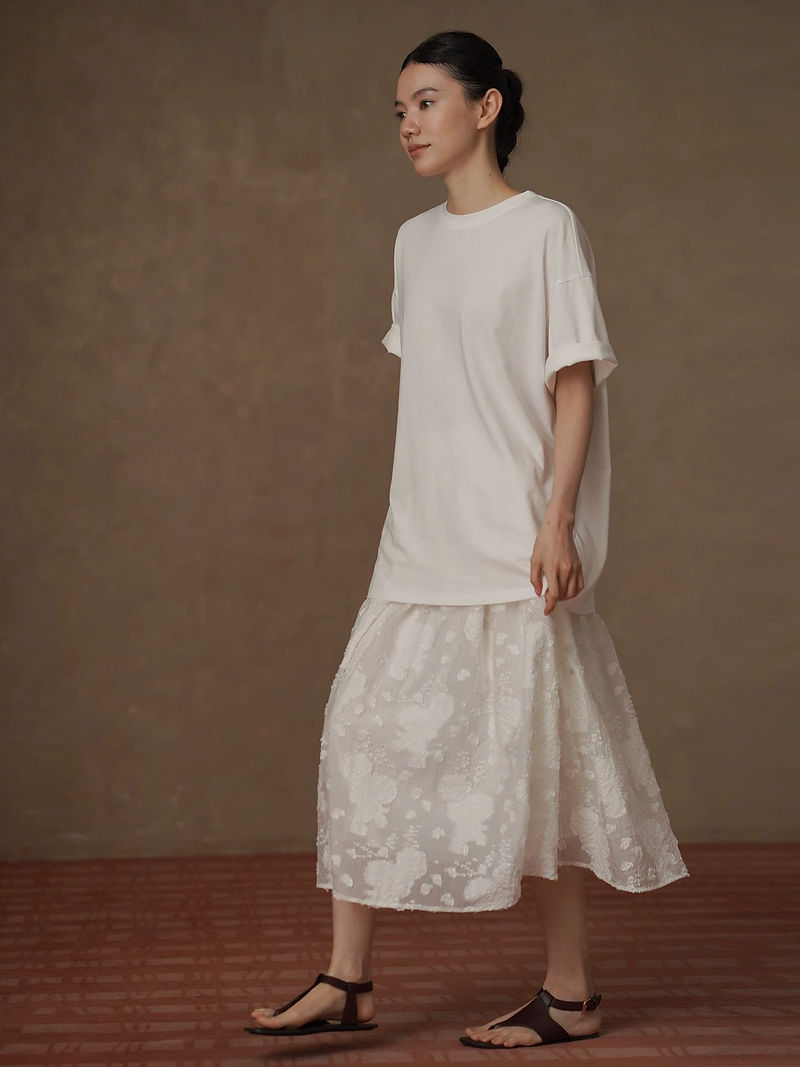 White tencel poly lined embossed floral elasticated table skirt 11