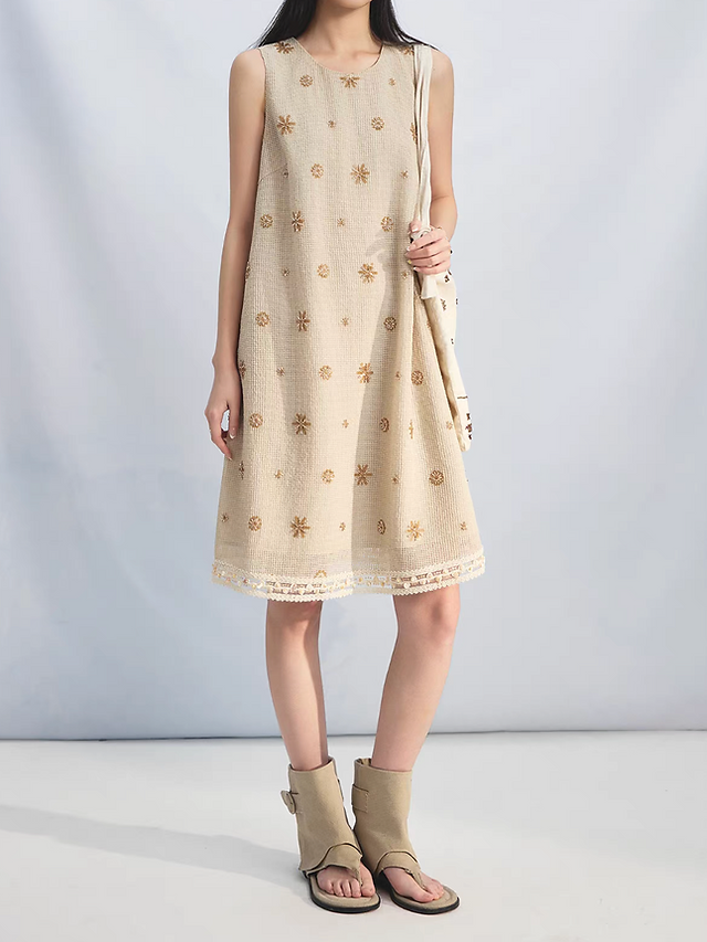 Beige cotton poly embroidered sequins beads lace trim sleeveless dress 2