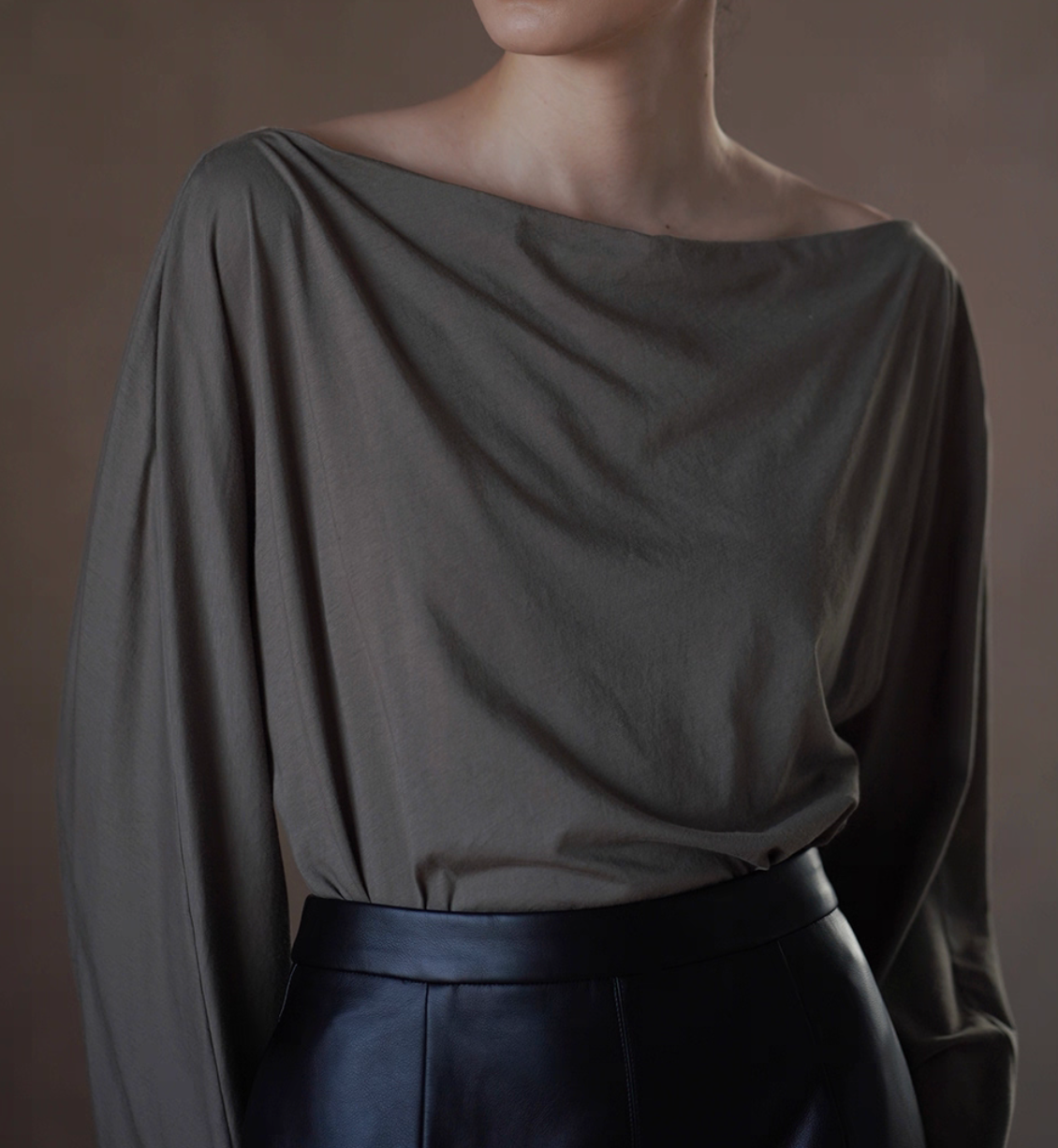 Charcoal cotton drape collar blouse