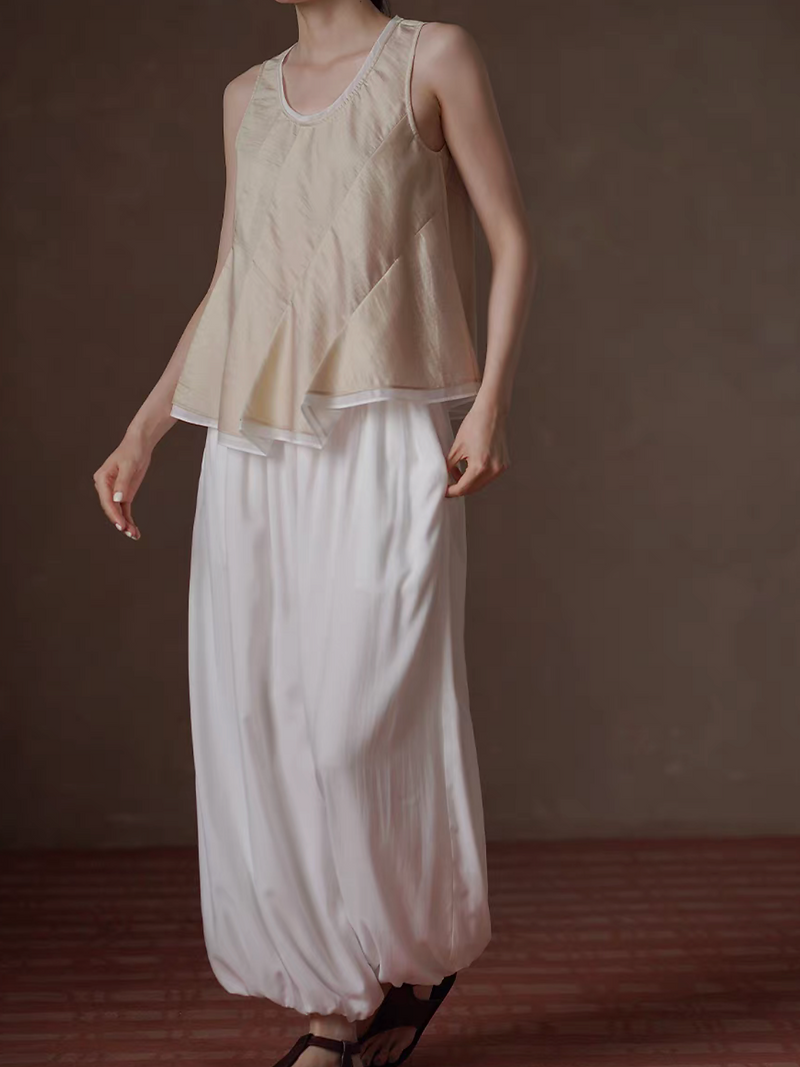 U neck ivory trim bicolor tencel asymmetric champaign pleated vest 5