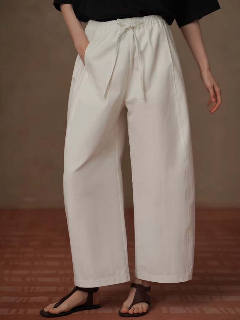 Pure cotton contour ivory white drawstring taper barrel pants 1