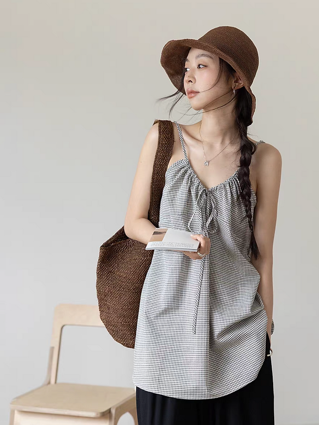 Checker back knot linen halter camisole 4