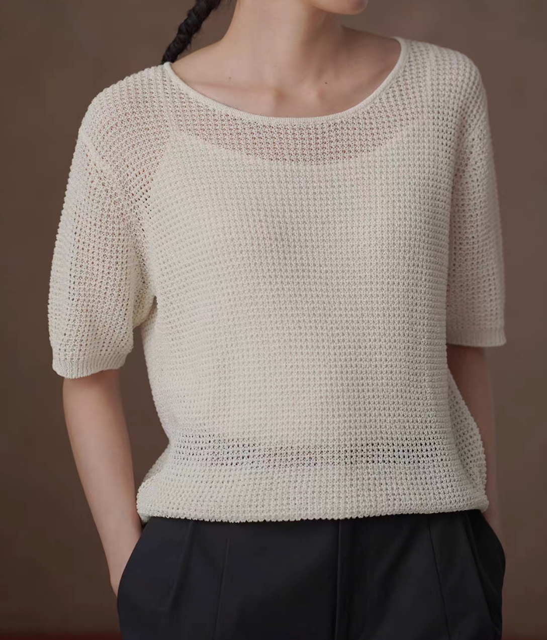 Ivory waffle lyocell poly tencel puff sleeves knitwear