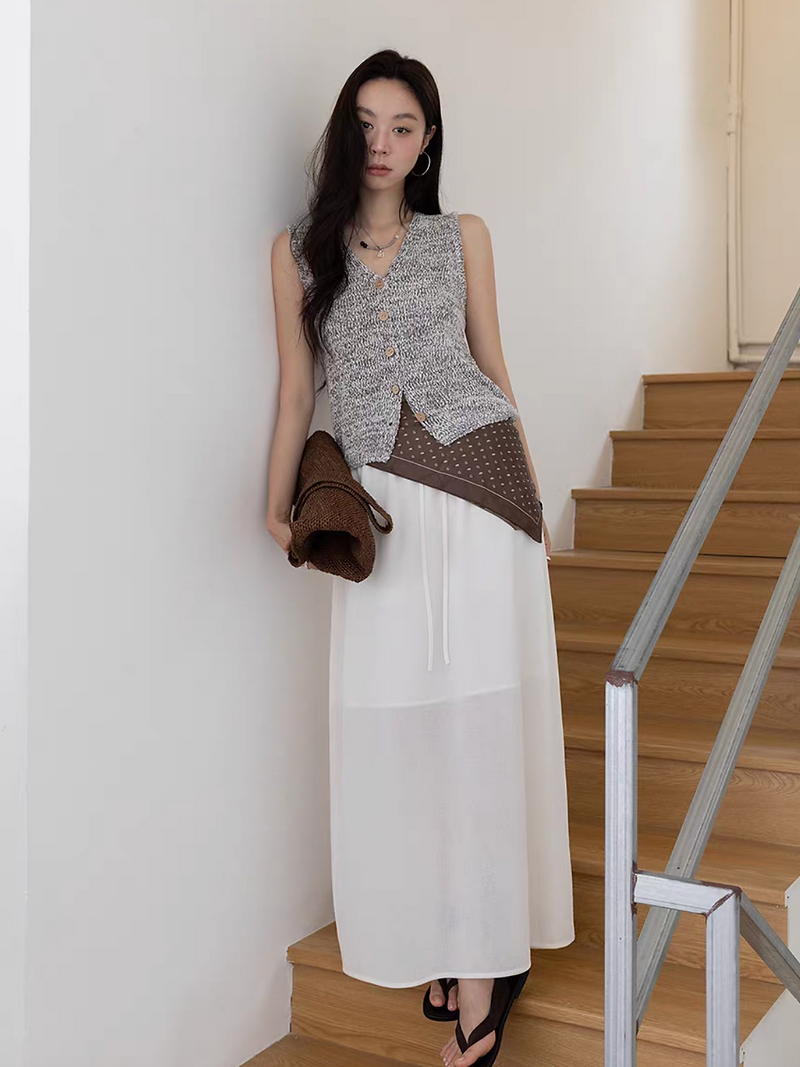 Elasticated layered partial sheer drawstring poly rayon skirt 2