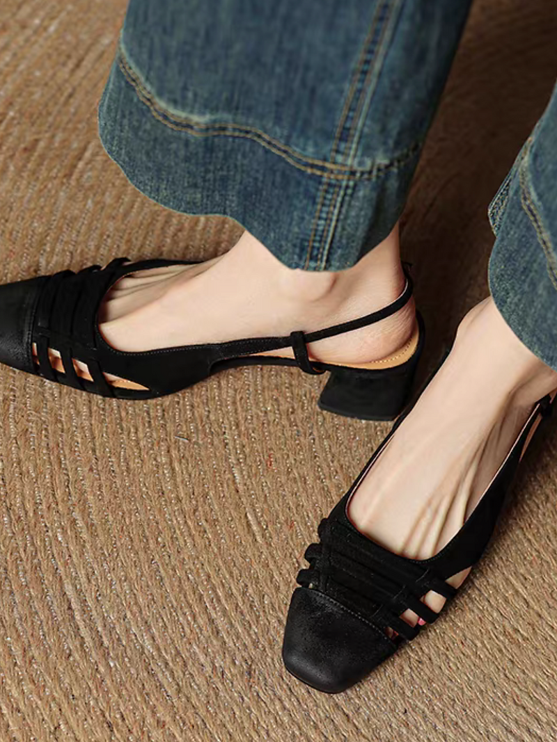 Brushed off lambskin suede weaves sling back low heel sandals 7