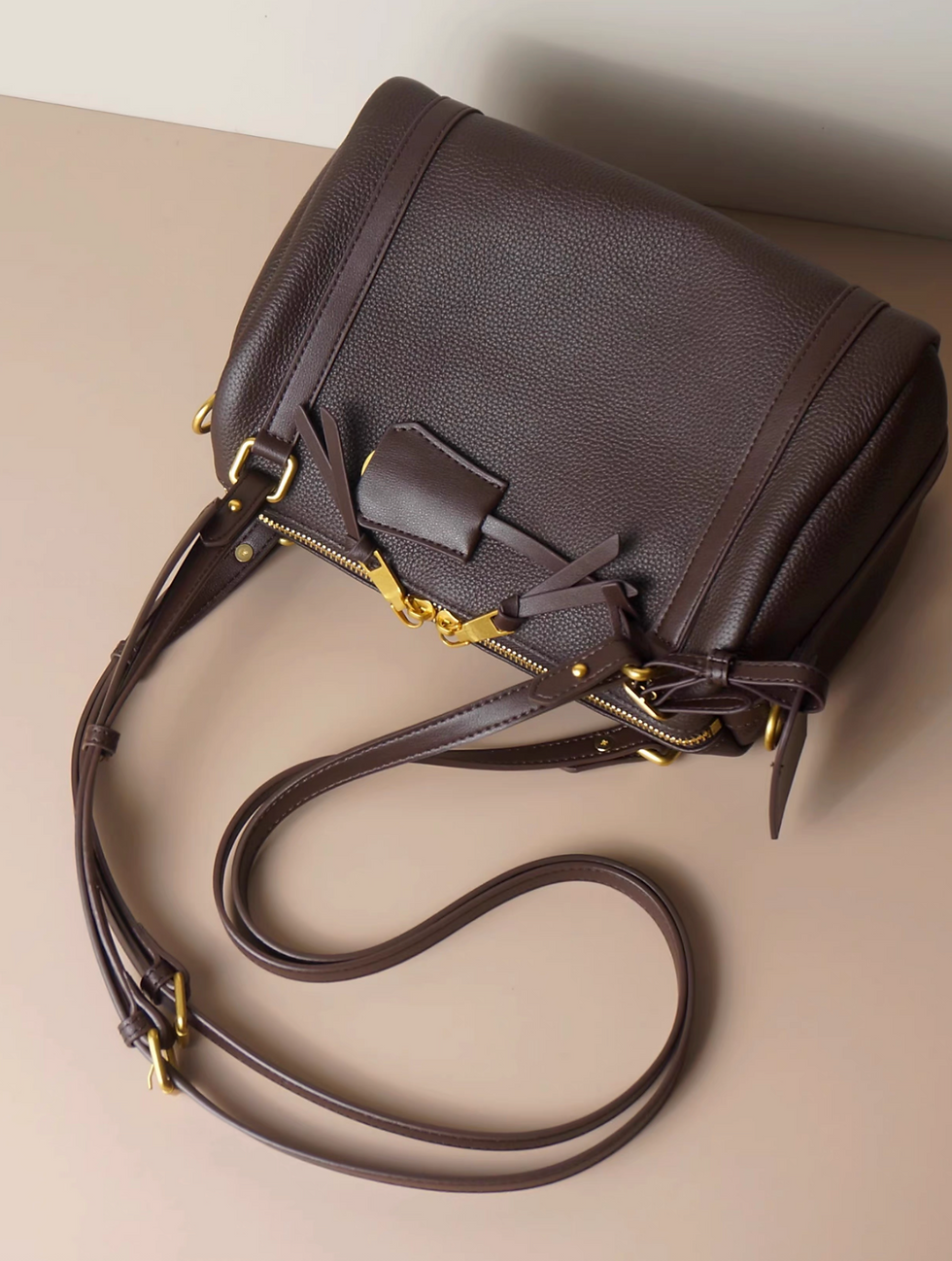 Thumbnail: Toga embossed tags calf leather shoulder + crossbody drape zipper bag