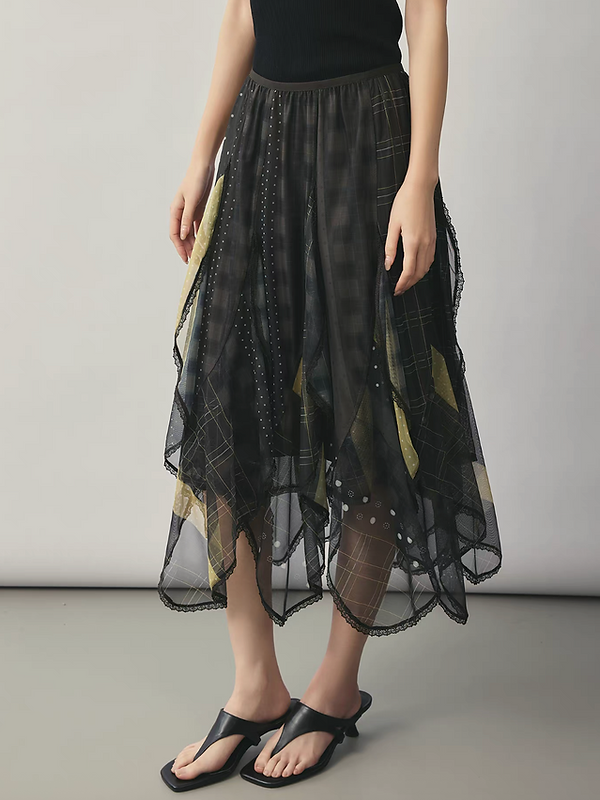 Asymmetric checker docking chiffon organza layer elasticated skirt