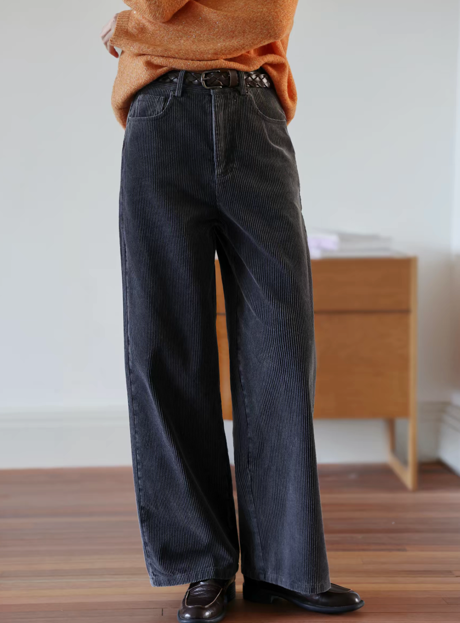 Thumbnail: High waisted charcoal grey ribbed cotton straight pants