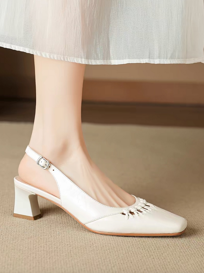 Embossed oil waxed calf leather sling back weaves crochet low heels 8