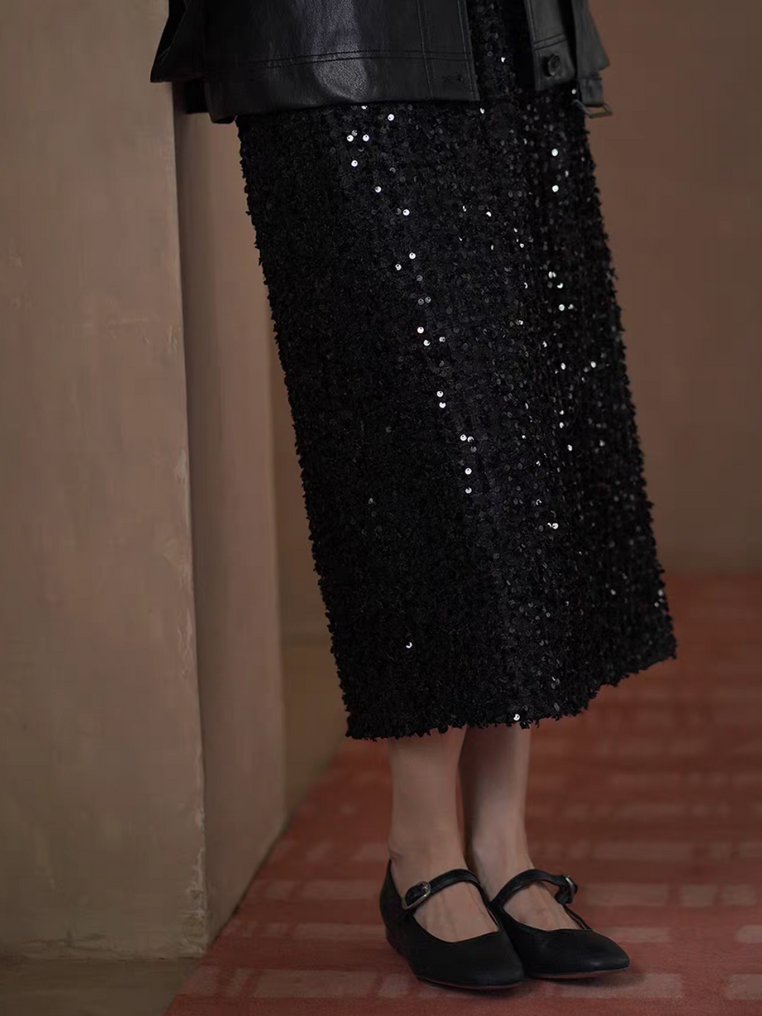 High waised black galaxy sequins poly skirt 7