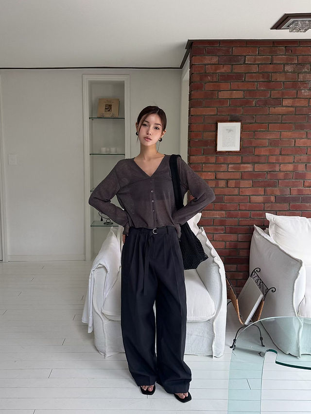 V neck sheer buttoned linen rayon nylon cropped cardigan  9