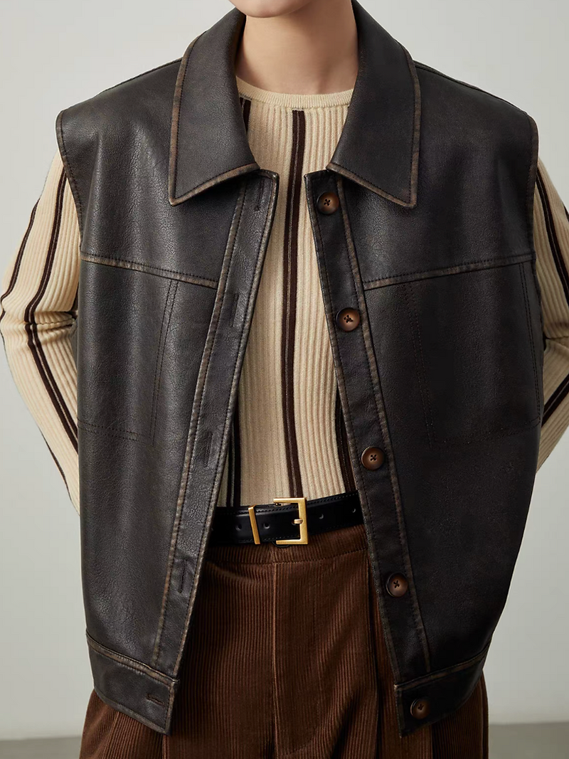 Dark brown synthetic leather buttoned polo vest 4