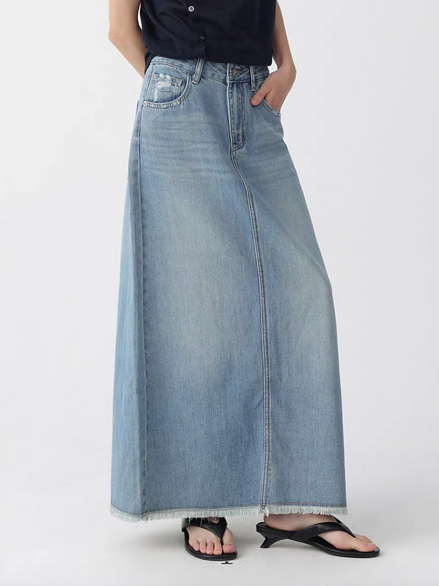 Acid washed frills trim A line back slit soft denim light blue skirt 5