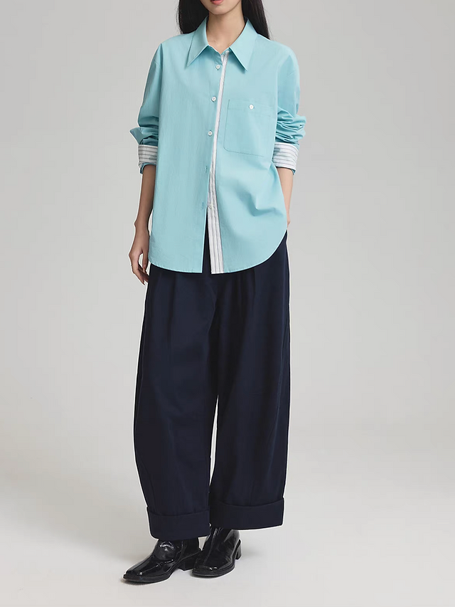 Navy stitched trim lyocell linen cotton pleated barrel relaxed cut pants 4