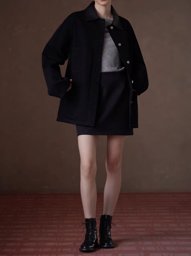 Synthetic leather collar cotton denim mid length black polo jacket 8