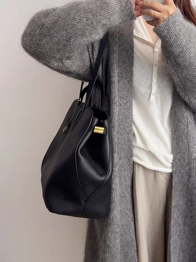 Soft embossed black calf leather shoulder + crossbody totebag 9