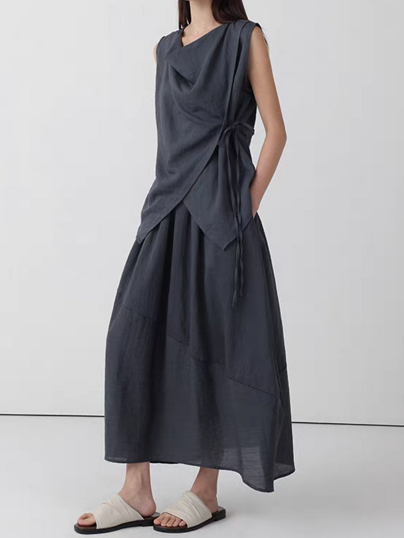Cotton linen tencel overlapping V neck side knot vest 6