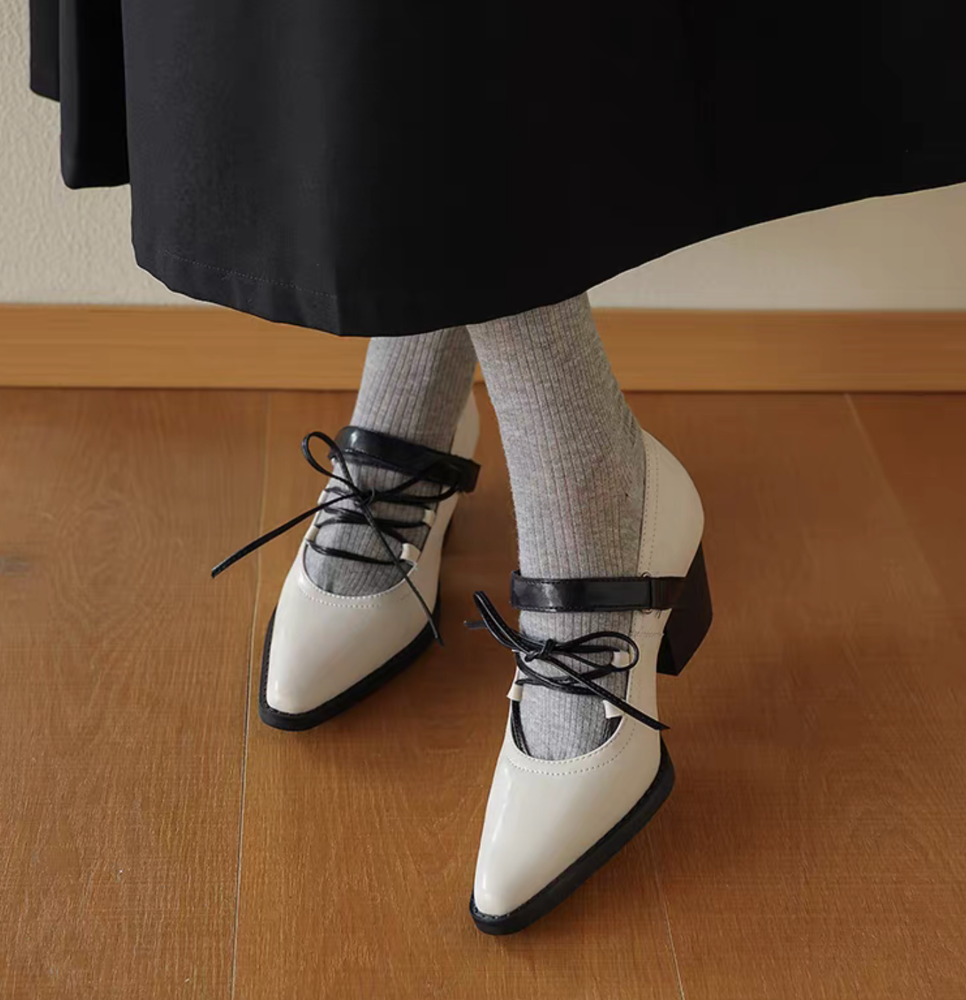 Calf leather pointy velcro strap lacing chunky heel Mary Janes