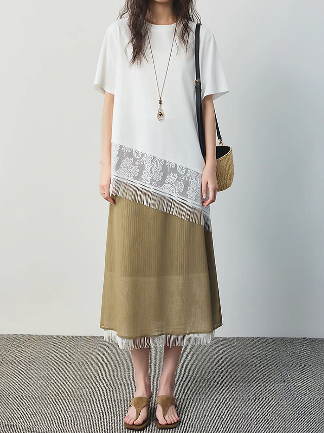 Diagonal tassels trim crochet laced floral white cotton tee / blouse 2