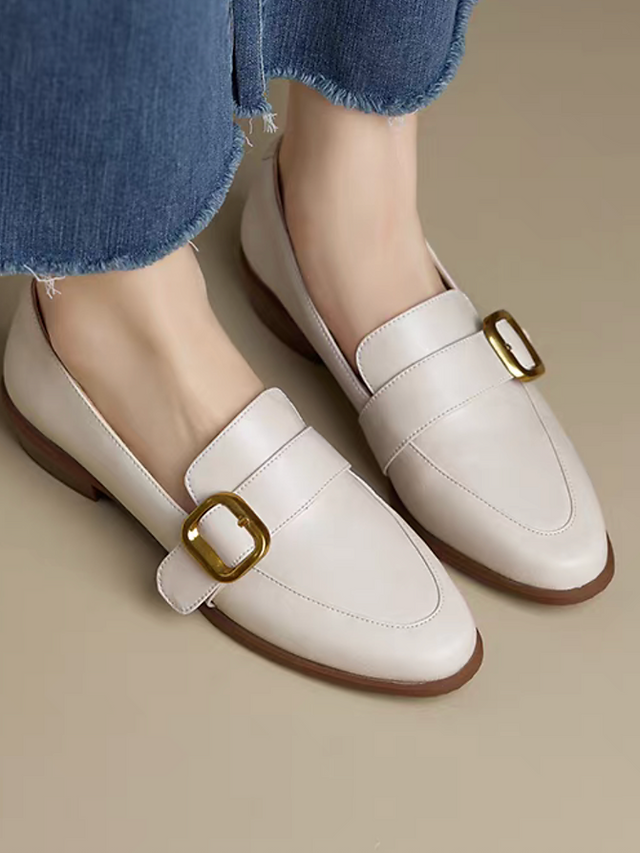 Side buckle calf leather pointy wood heel shoes 1