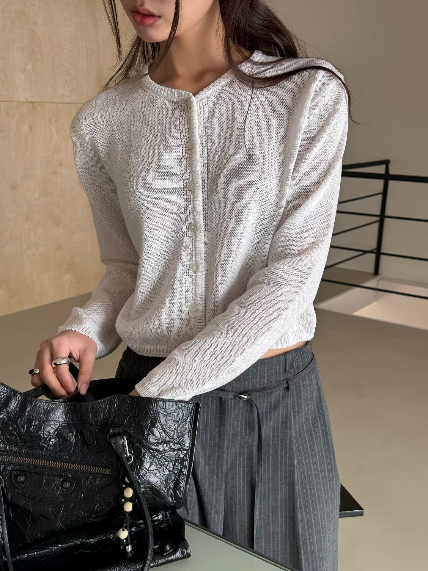 Crewneck buttoned longsleeved nylon cotton cardigan  