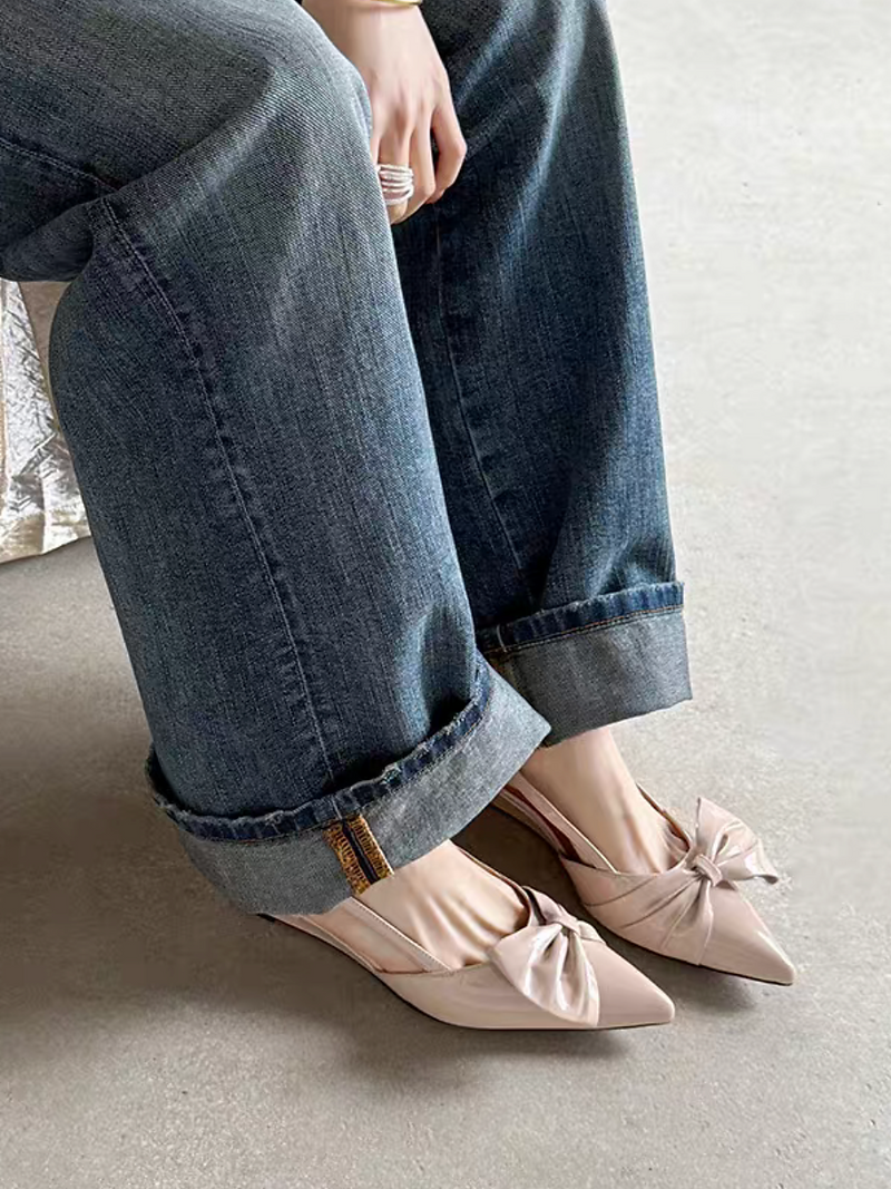 Sling back oil waxed calf leather bow pointy sandals 7