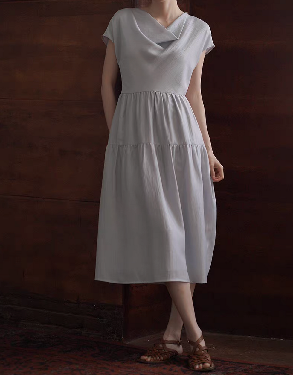 Thumbnail: Greyish blue drape collar lyocell poly embossed lined dress
